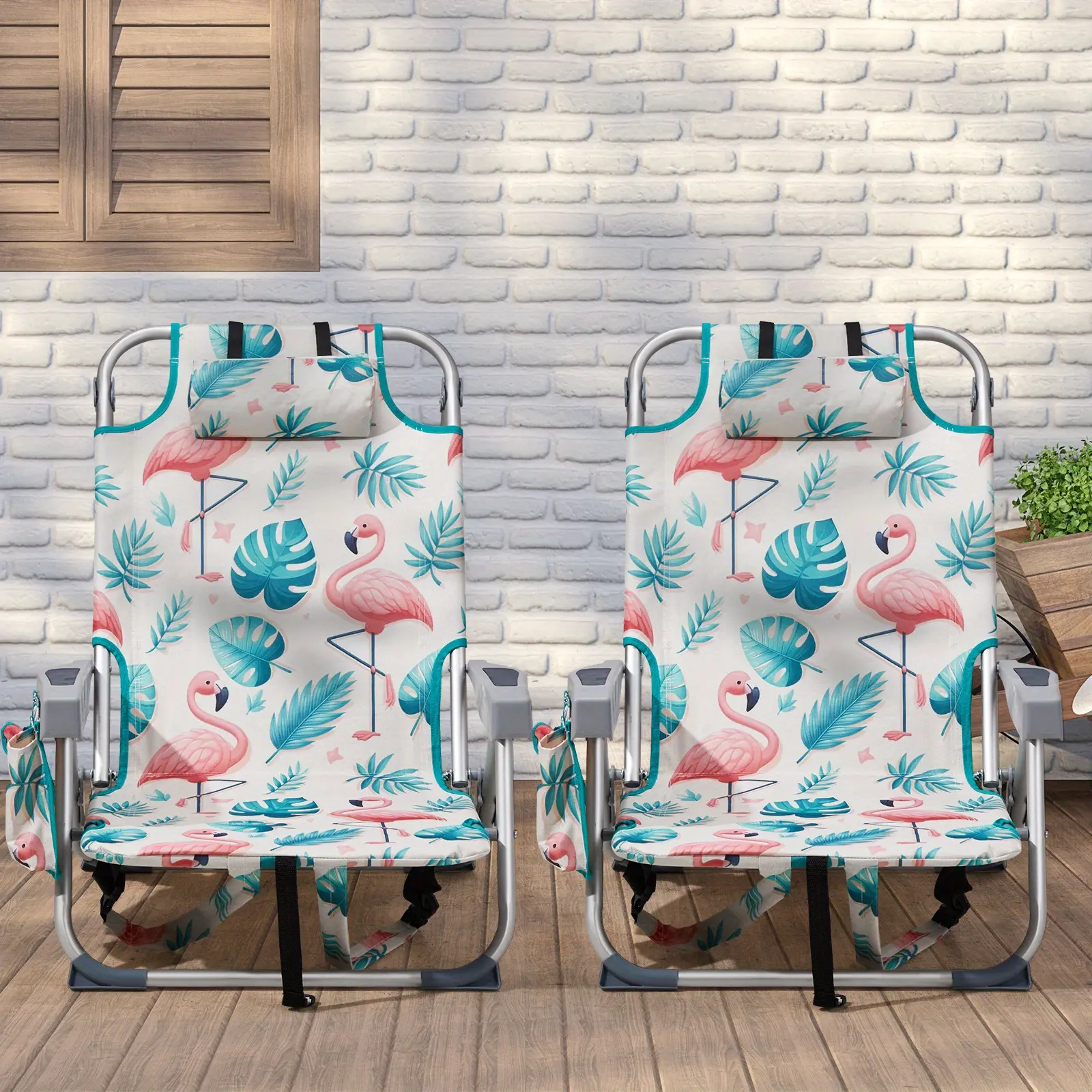 Green and White Vertical Stripes Flamingo Pattern Beach Chair Oxford Fabric Silver Aluminum Tube 220.46LB Short Version