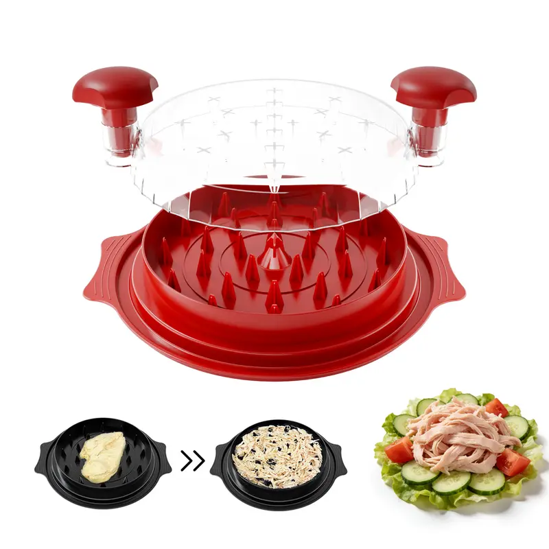 Large Plastic Chicken Shredder - Kitchen Essential Gadget, Heat Resistant, Rustproof, Leak-Proof Cooking Aid with Twist Mechanism, Visible Design, Anti-Slip Grip, Ergonomic Handle, Brush, Fork, Round Base, Less Hand Contact, 25x25x6 cm Kitchen Utensil