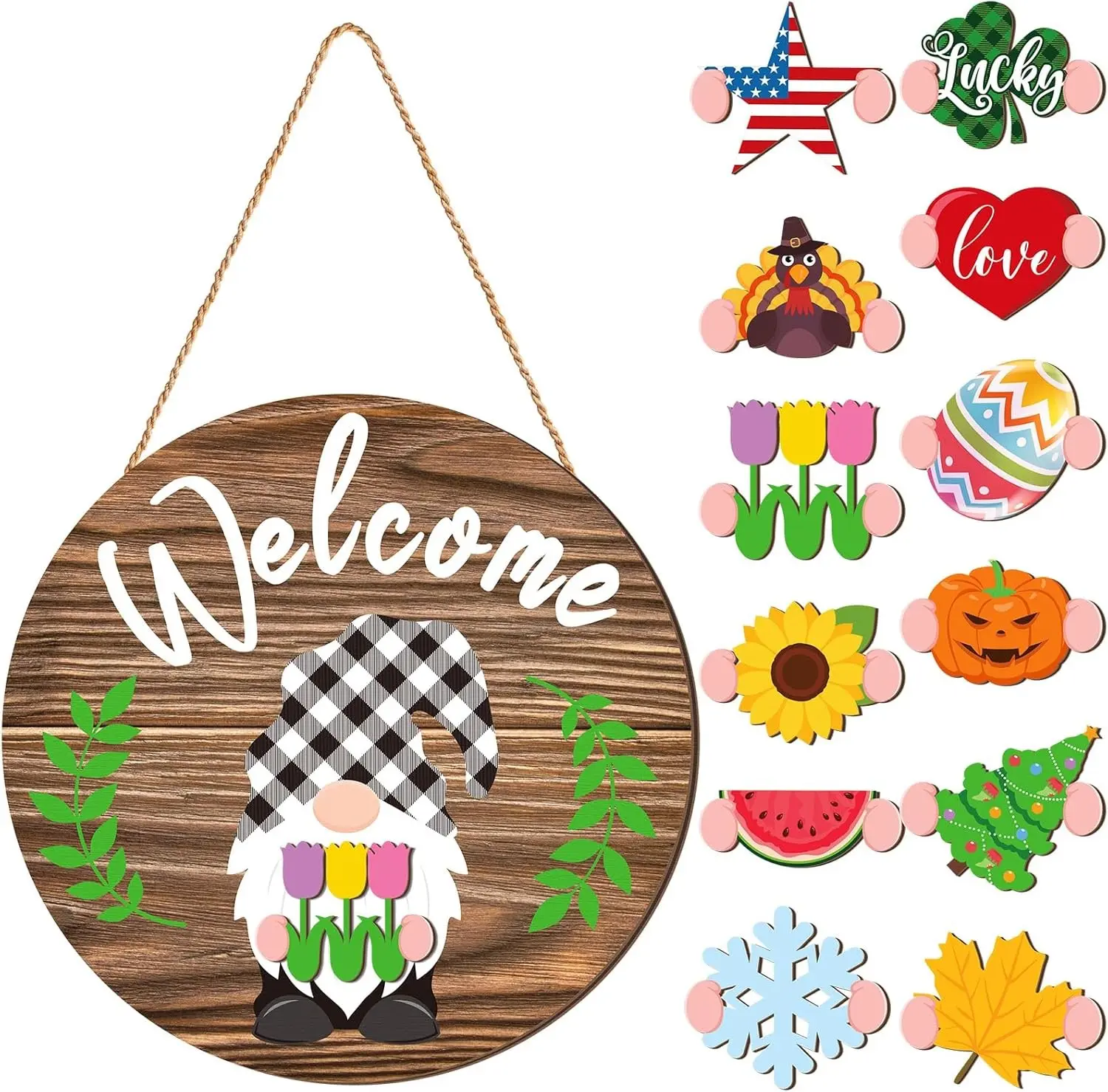 Interchangeable Seasonal Welcome Sign for Front Door Decorations Seasonal Wooden Gnome Door Hanger Wreath 12 Inches Farmhouse Home Rustic Wall Sign with Interchangeable Holiday