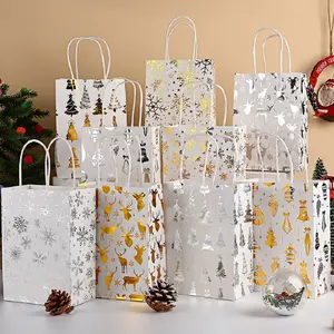 8pcs - Christmas gift bag, silver hot cartoon Christmas tree tote bag, snowman companion gift bag, gold hot deer, kraft paper bag, holiday party snack packaging bag