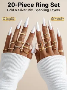 20pcs & Silver Color Ring Set, Layered Stackable Design, Sparkling Crystal Details, Ideal for Daily Wear & Parties
