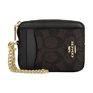 COACH Card Case for Women – Walnut and Black Vegan Leather with Metal Zip Closure