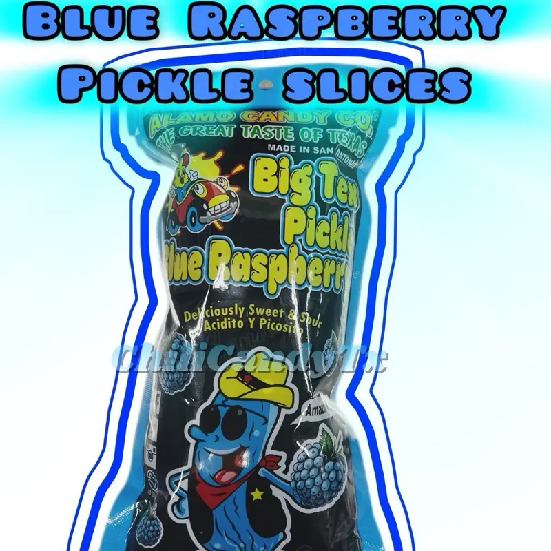 Blue Raspberry Big Tex Pickle Slices - Deliciously Sweet & Sour Acidito Y Picoso Candy Snack