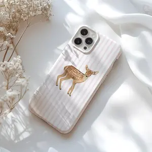Cute Deer Phone Case, Girly Phone Cover, Pink & White Stripes, iPhone 16 15 14 13 12 11 Pro Max 8, Samsung Galaxy S24 S23 S22 S21