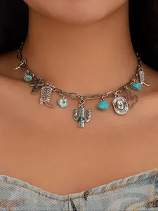 Vintage Cactus Charm Decor Adjustable Pendant Necklace, Fashion Jewelry for Party, Daily Clothing Decor, Trendy Charm Necklaces for Birthday Gift, Stainless Steel Necklaces, Dangling Charms Necklace