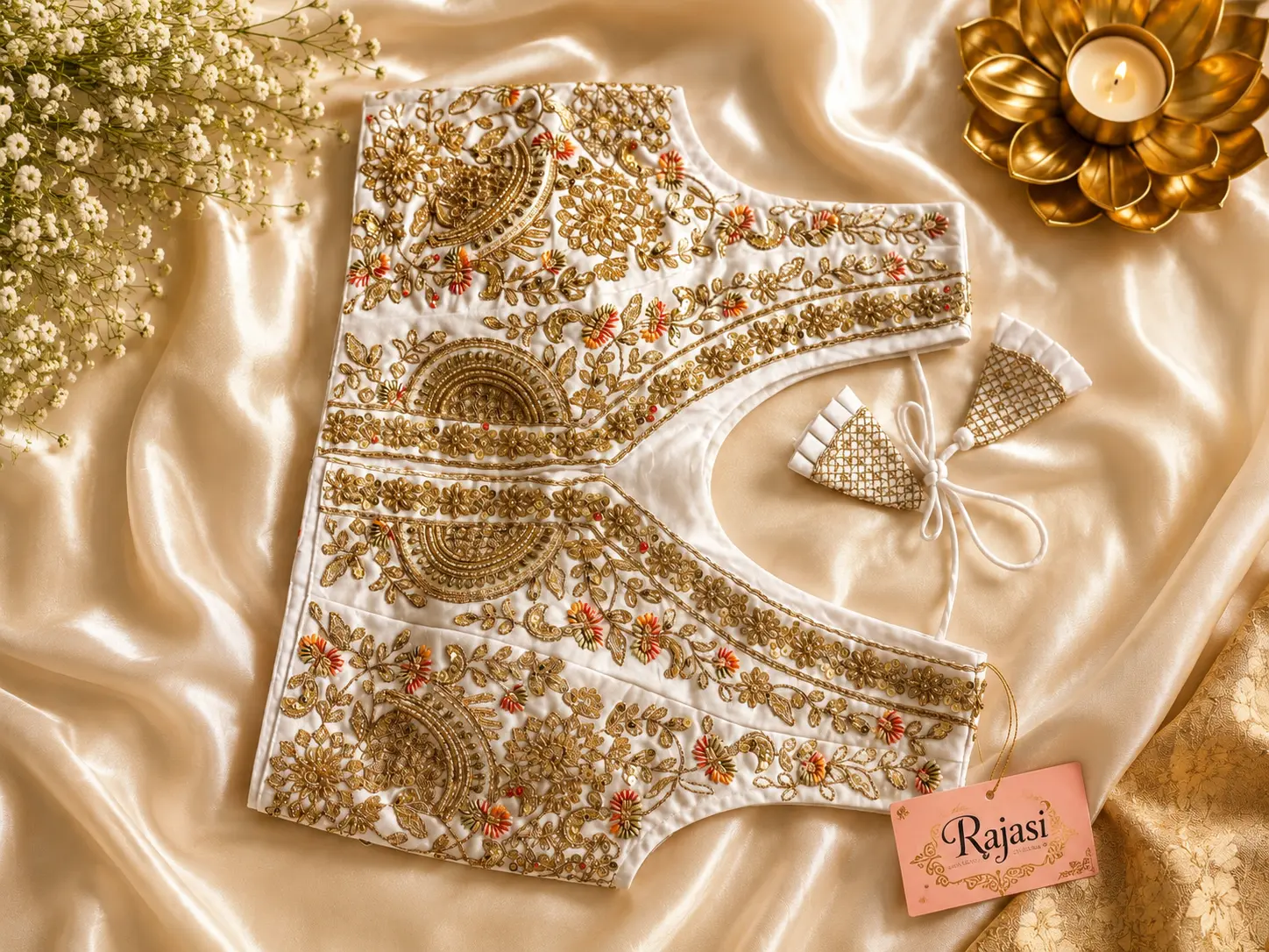 Premium White Kundan Embroidered Designer Saree Blouse