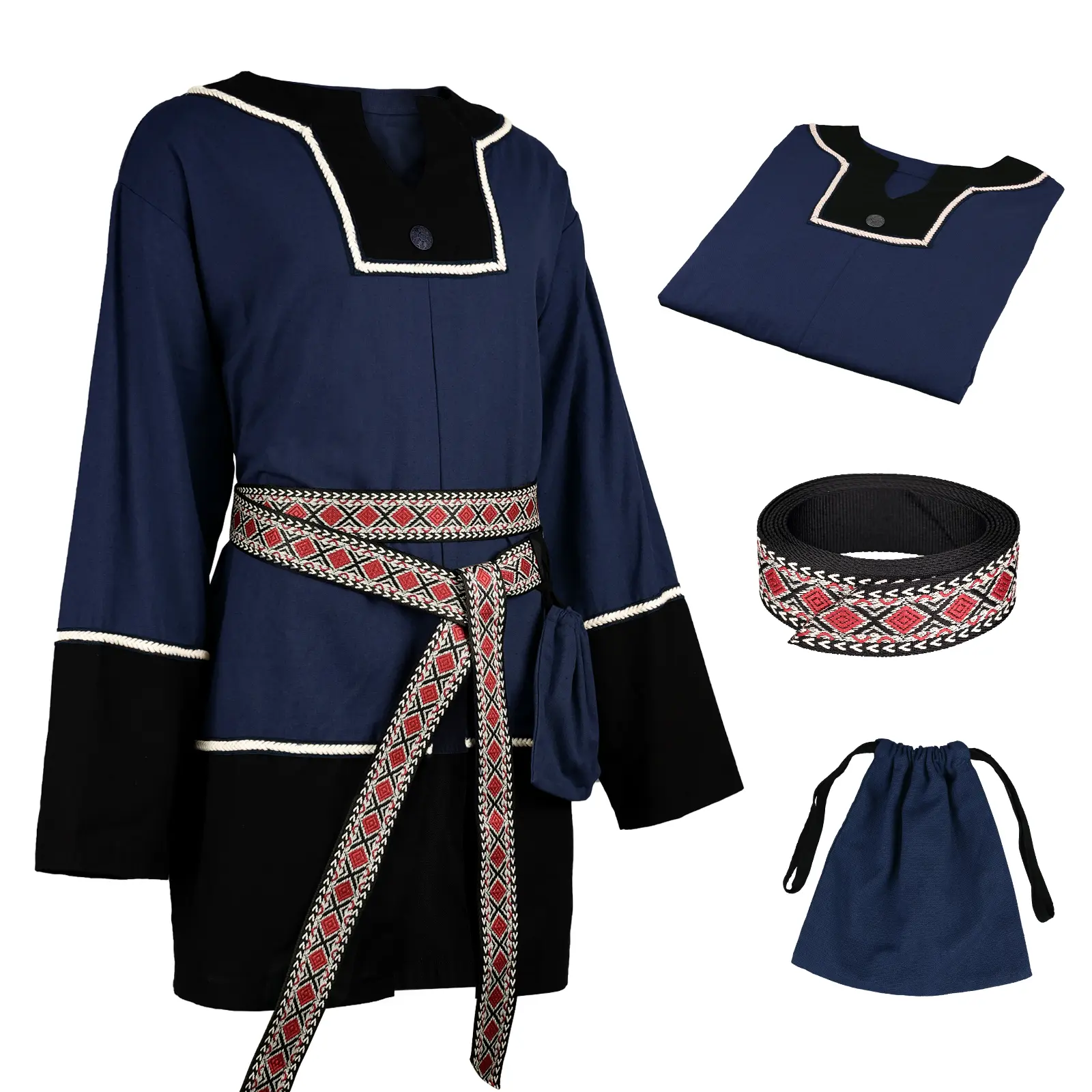 HiiFeuer Men's 3-Piece Historical/Period Medieval Tunic Set, Oversize Linen V-Neck Patchwork Top with Belt, Retro Theme Costumes for Renaissance Faire, Christmas Fancy Dress Party