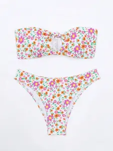 Two Counts Women's Ditsy Floral Print Cut Out Bikini Swimsuit, New Floral Printed Bandeau Bikini Swimsuit, Skinny Beach Style Bathing Suits 2024 for Women, Back To School Swimwear for Women