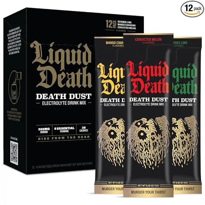 Liquid Death Electrolyte Death Dust, Severed Lime, Mango Chainsaw & Convicted Melon (12-Pack)