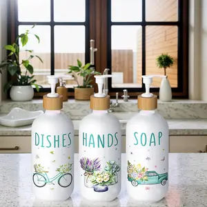 3 Pcs Spring Soap Dispenser Set 16 oz White Plastic Flower Truck Dish and Hands Soap Dispenser with Bamboo Pump for Bathroom Kitchen Counter Modern Farmhouse Bathroom Accessory