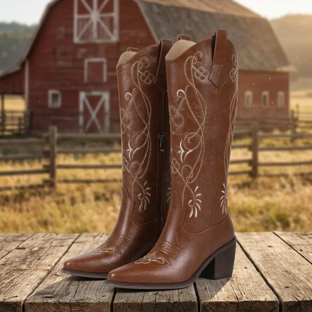 FREECHICC Women's Western Wide Calf Knee-High Cowboy Boots - Slip-On Pointed Toe, Chunky Block Heel, Classic Embroidery, Retro Basic Casual Shoe - Ideal for Festival, Party Outfits - Black Footwear tiktokshopspringglowup summervibes#WeeklyDeals#SummerWins