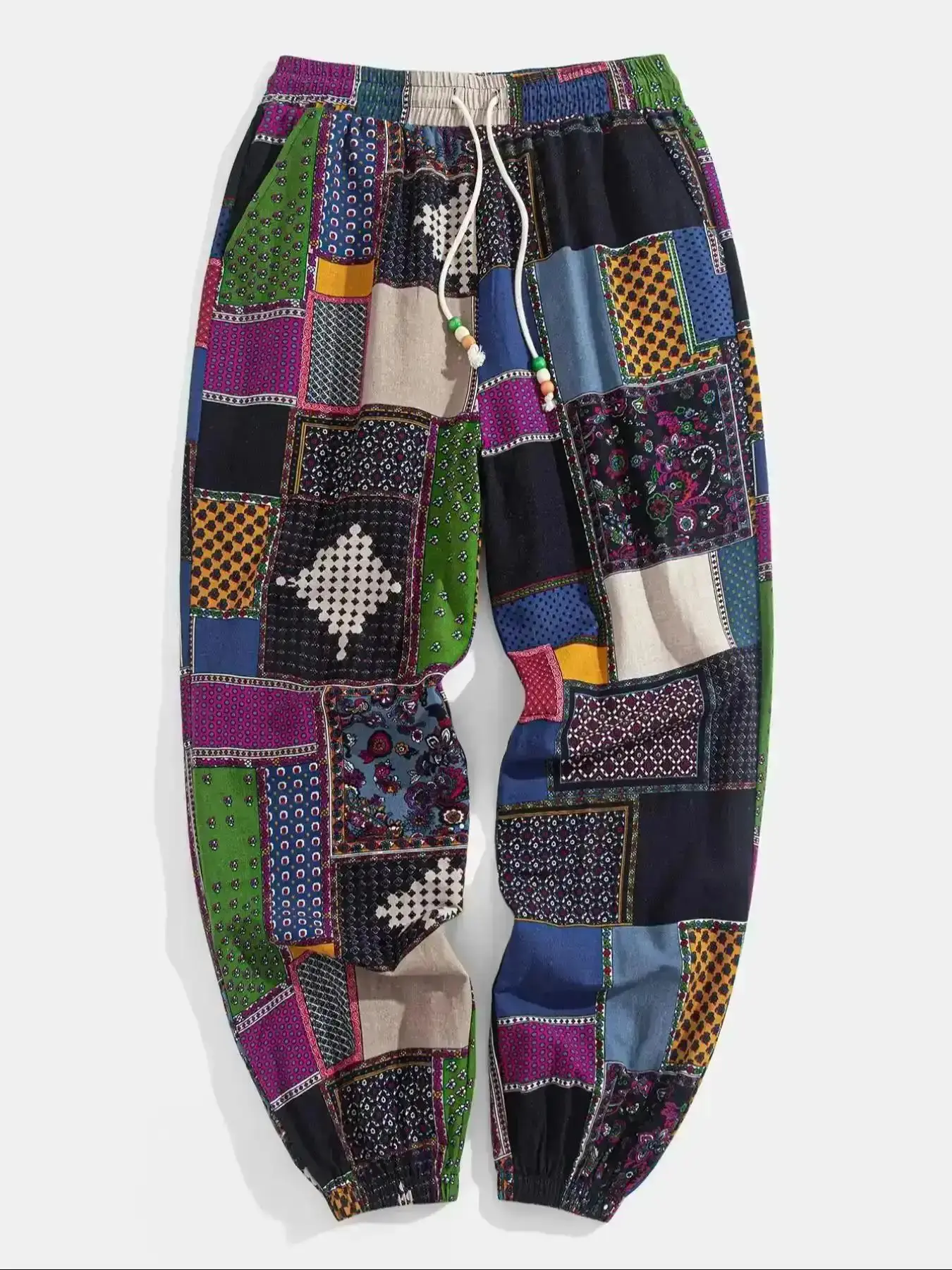 Men's Ethnic Pattern Patchwork Drawstring Waist Jogger Pants, Boho Casual Loose Pocket Elastic Trousers for Spring & Fall, Fashion Bottoms for, Sports Classic Design Everyday Essential Versatile Style