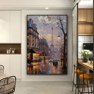 Artistic Paris Rain Scene Framed Oil Print - 1 Piece Modern Wall Art, Pine Wood Wrapped Frame, Rainy Paris Home Decor, Wall Ornament for Living Room, Bedroom