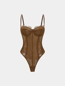 Women's Lace Mesh Transparent Halter Lingerie Bodysuit, Heart Neck Adjustable Straps, Fitted Plain Design, Casual Style, One Piece