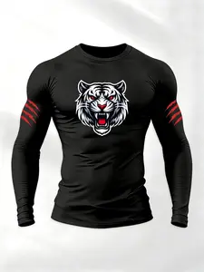 Men's Tiger Head Shirt - Long Sleeve Athletic Rash Guard, Workout Top with Claw Mark Design, Gym Training Base Layer for Boxing, MMA, Running & Fitness, Rashguards
