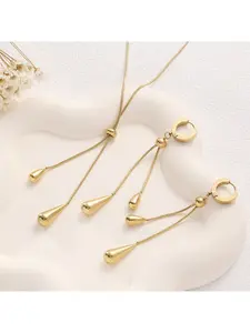 Stainless Steel Teardrop Jewelry Set, Gold Plated Lariat Necklace and Huggie Hoop Earrings for Women, Snake Chain Tassel Design