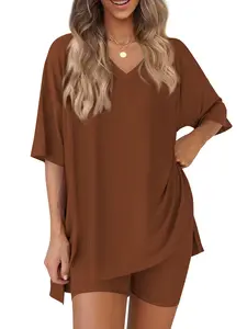 Women's 2-Piece Aesthetic Activewear Set - Light, Chic, Baggy Oversized V-Neck Tunic Top & High-Waist Biker Shorts, Casual Athleisure Sweatsuit