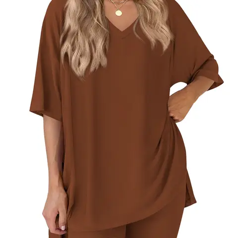 PHEFEE Women's 2-Piece Oversized Athleisure Set - Fit Trendy Half-Sleeve V-Neck Tunic Top, High-Waist Bodycon Above-the-Knee Biker Shorts, Soft Spandex Light Activewear