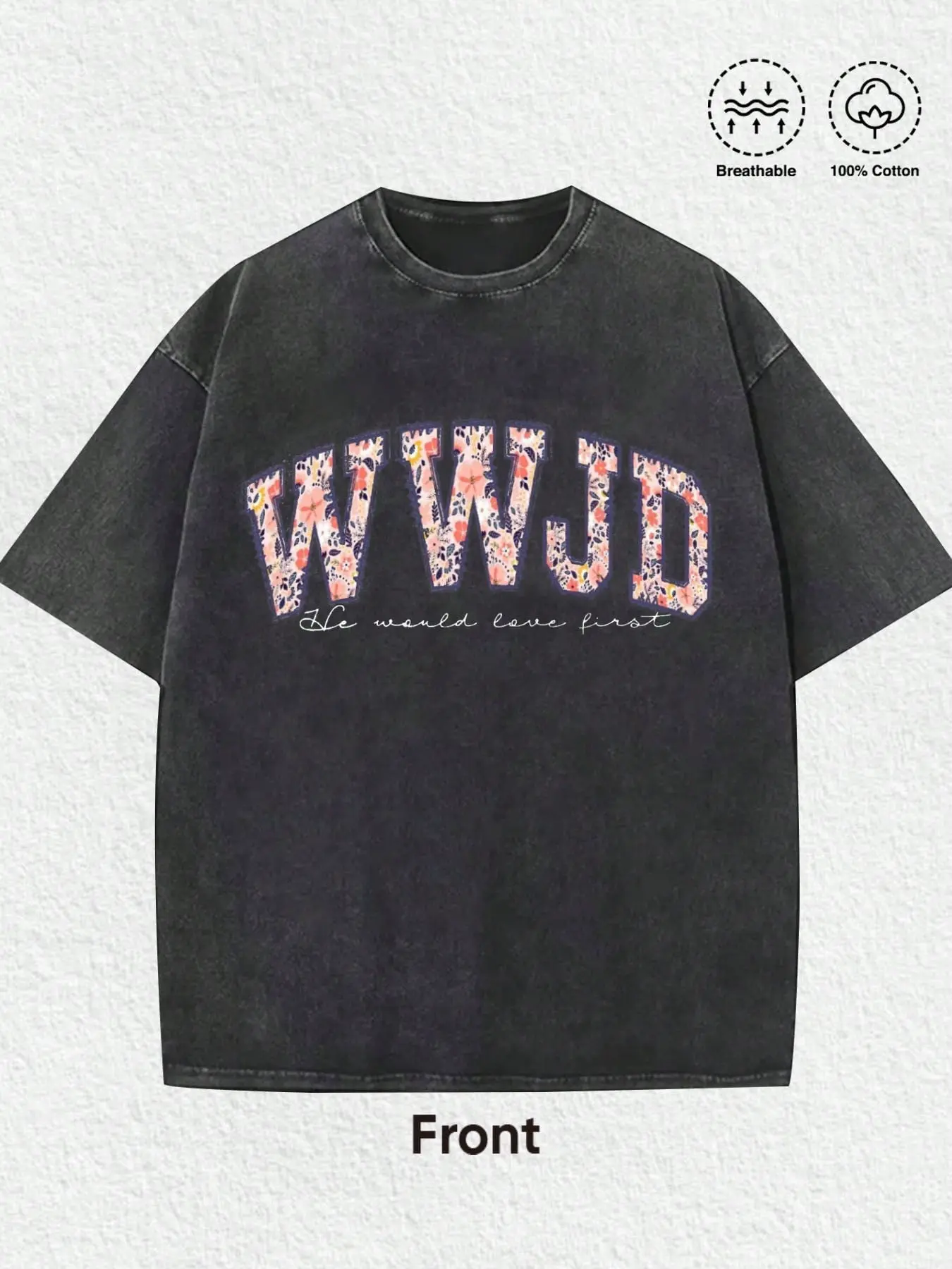 Vintage WWJD Floral Varsity Christian T-Shirt, Washed Black Cotton Oversized Short Sleeve Tee, What Would Jesus Do Floral Letter Casual Faith Crewneck Shirt