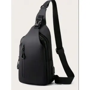 Men's Casual Plain Zipper Chest Bag with USB Charging Port, Lightweight Single Shoulder Bag, Versatile Solid Color Sports Hiking Adjustable Crossbody Bag