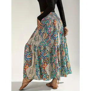 Bohemian Style Women's Long Skirt, 100% Polyester Tropical Floral Print, High Waisted Flared Hem, Shirred Detail, Woven Fabric, Spring/Summer/Fall Fashion