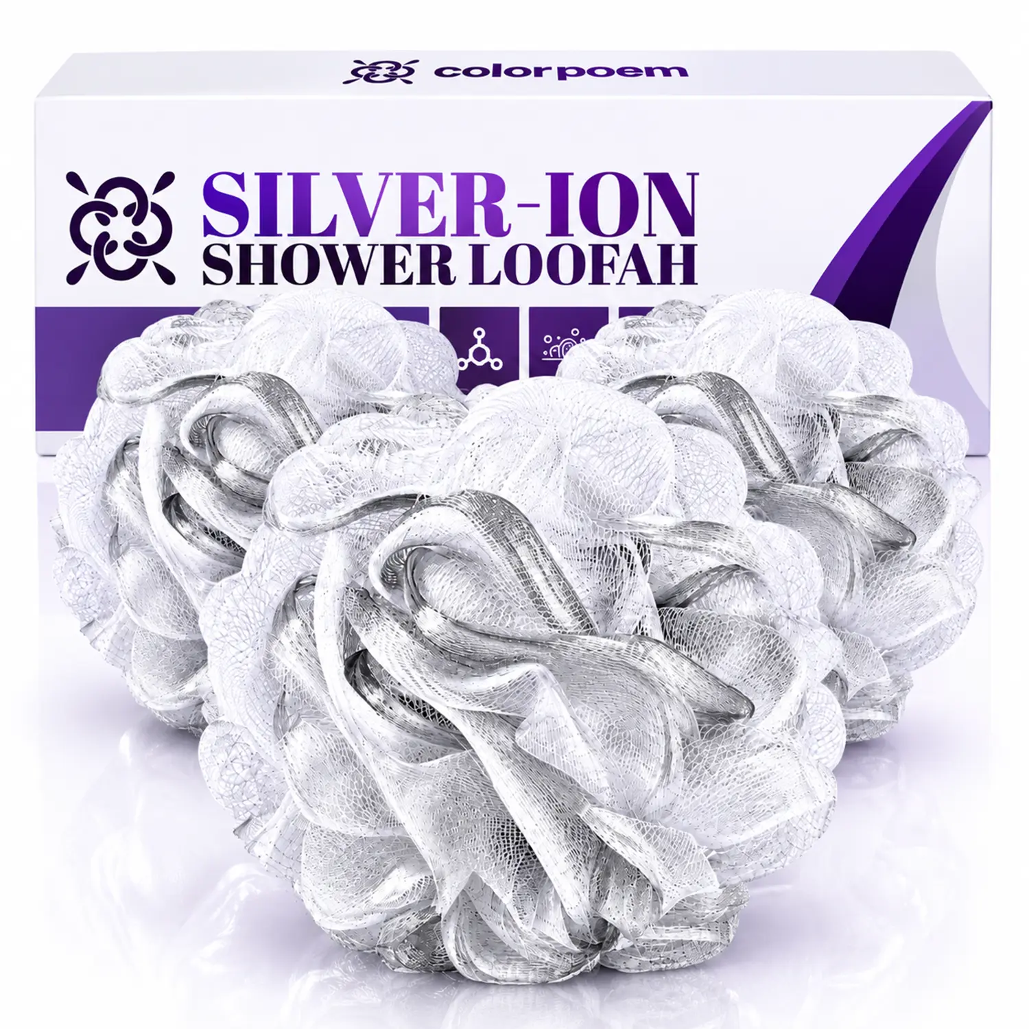 COLORPOEM Silver-Ion Infused Shower Loofah, 3 Pack Bath Poufs for Rich Lather, Soft Mesh Body Scrubbers with Premium Gift Packaging, Ideal for Daily Shower & Gifting