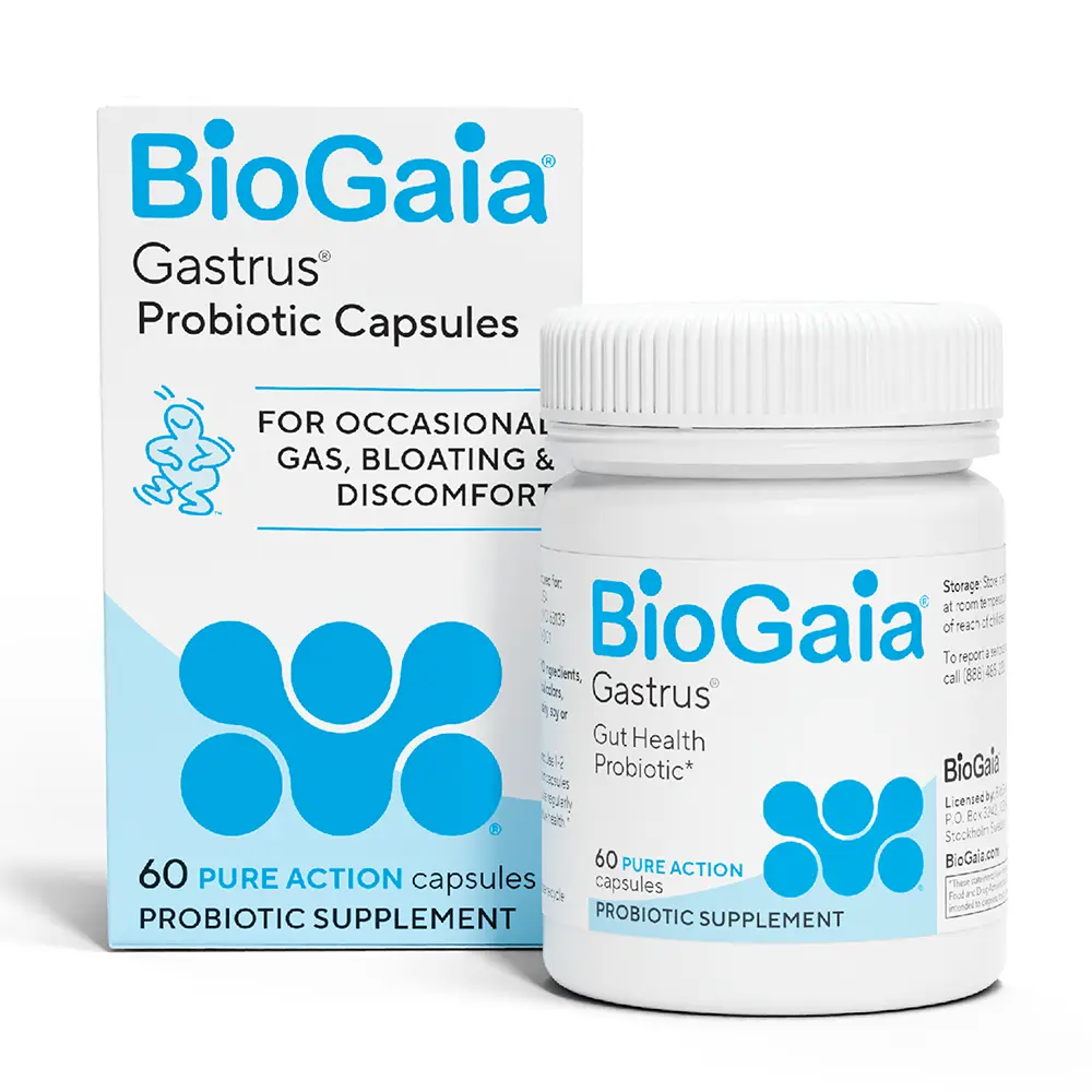 BioGaia Gastrus L reuteri Probiotic | 35 Years of Clinical Gut Research | L reuteri 6475 + 17938 Probiotics | Ease Gut Discomfort, Gas & Bloating | Promotes a Healthy Gut & Microbiome | 60 Capsules
