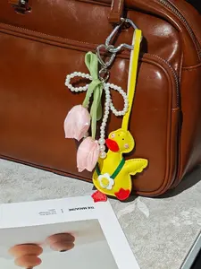 Pastel Tulip Flower Bag Charm Keychain with Pearl & Heart Beaded Chain, Handmade Woven Macrame Bag Pendant, Cute Aesthetic Floral Accessory for Tote Bags/Backpacks, Sweet Spring Decoration Gift for Women Teen Girls