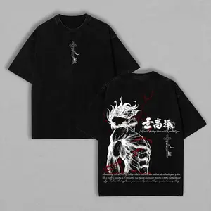 Attack on Titan Vintage Washed Oversized T-Shirt, Eren Yeager T-Shirt, Men's Anime Action Figure Graphic Tee, Retro Vintage Washed Loose Street Style White and Red Line Art Print Casual Summer Short Sleeve, Harajuku Aesthetic Fashion Top