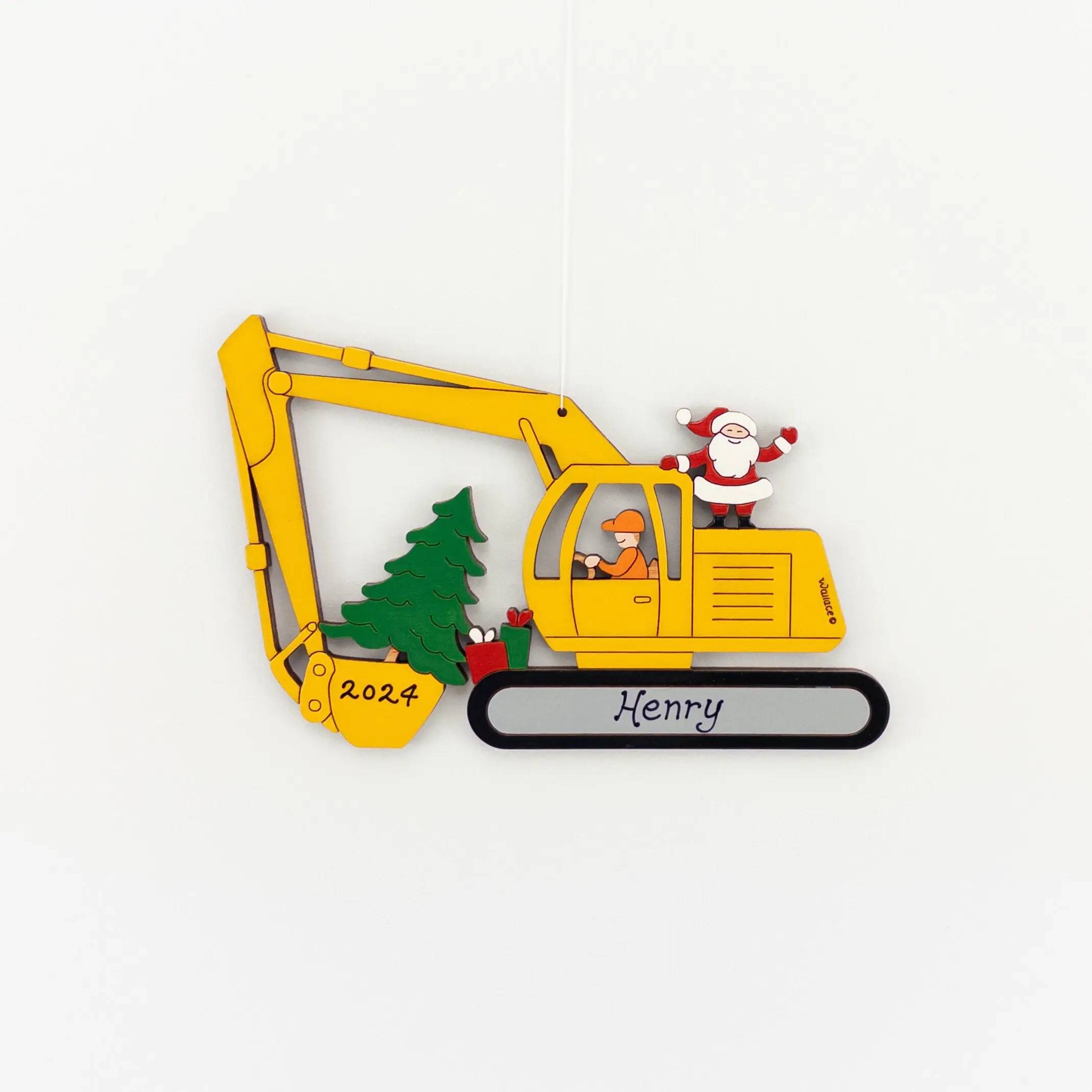 Personalized Christmas Excavator Construction Ornament- Wood, Laser Cut, Hand Painted