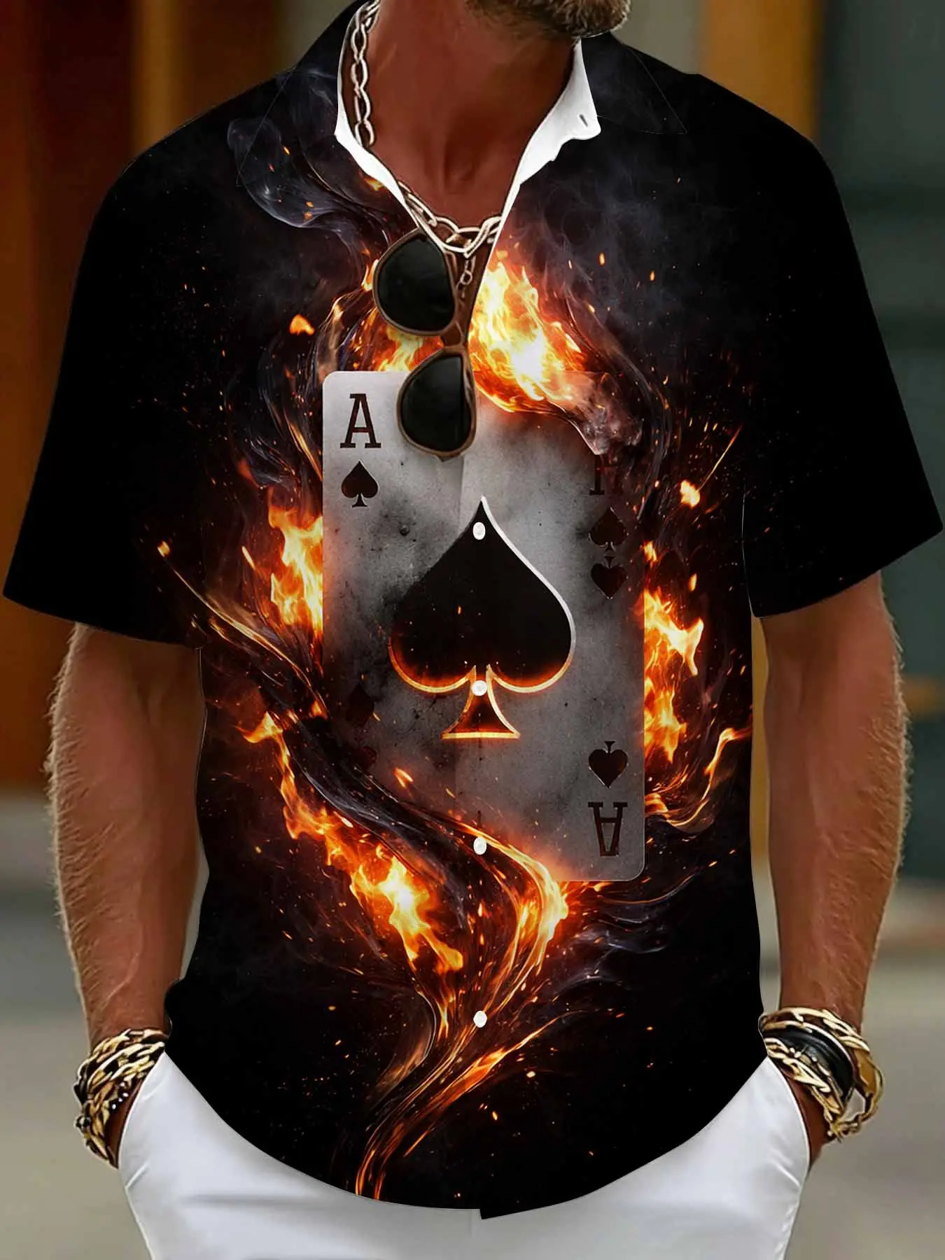 Red and black contrasting color shirt Casual geometric ripped style short sleeve trendy and personalized top Casual Stylish Clothing Menswear
