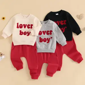 REDWOON Toddler Baby Boy Valentine's Day Outfit Lover Boy Embroidery Letter Sweatshirt Pullover Tops Jogger Pants Clothes