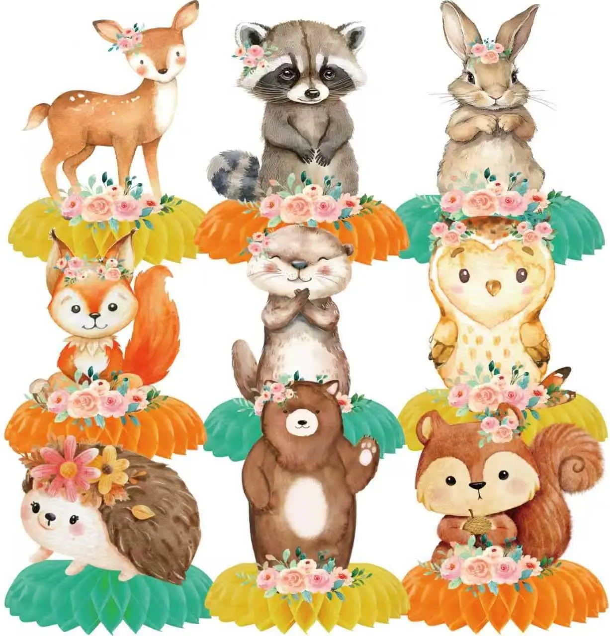 9-Piece Woodland Animals Honeycomb Centerpieces Kit - 3D Table Decorations for Forest Jungle Animal Theme Birthday Party, Baby Shower Supplies
