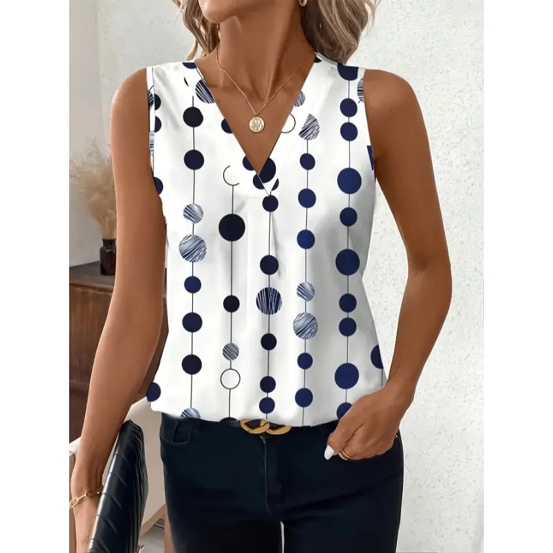 Women's clothing Women'S Elegant Sleeveless V-Neck Blouse with Blue & White Geometric Print - Stylish Polyester Top for Spring/Summer, Casual Attire, Casual Summer Top|Vneck Blouse|Polyester Fabric