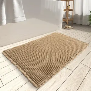 Waffle Bath Mat - Super Absorbent Non Slip Bathroom Rugs with Tassels, Machine Washable, Rubber Backed, Ultra Soft, 18" x 30", Brown