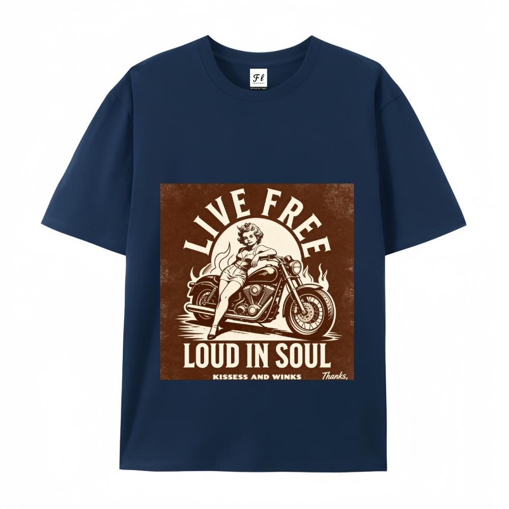 Live Free Loud In Soul Retro Biker Graphic Tee Vintage Motorcycle Pin Up Print Casual Streetwear For Men