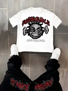 Men's Streetwear Hardcore Aesthetic Set, Graffiti Cartoon Print Details, High-Quality Breathable Fabric, Casual Loose Fit, Music Festivals, Outfit