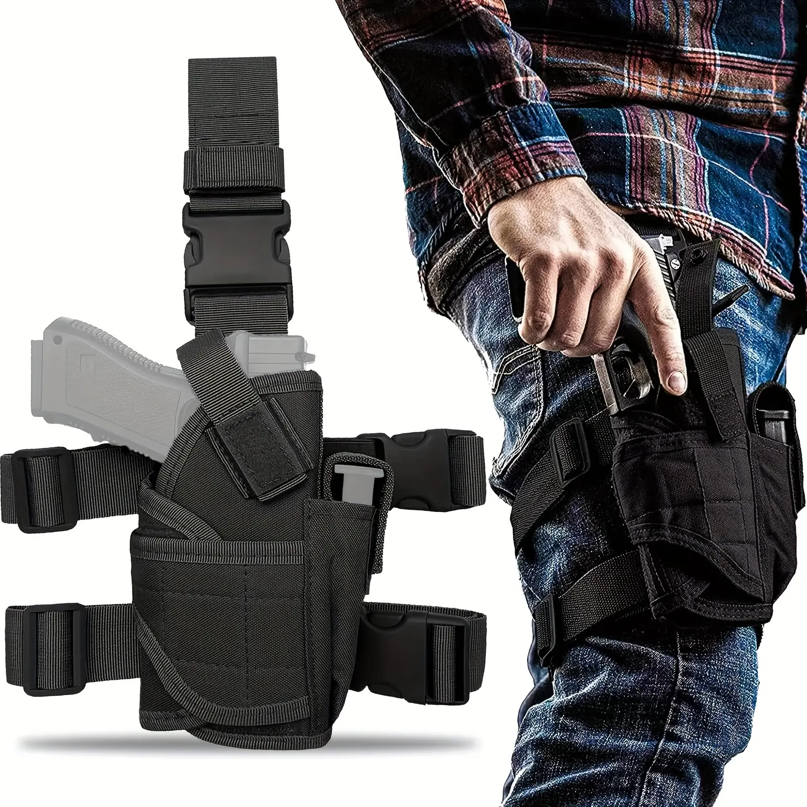 Leg Pistol Holster Thigh Pistol Holster with Magazine Pouch Right Hand Unisex Outdoor Thigh Holster with Quick Release Adjustable Velcro Closure for Hunting Fishing Shooting Concealed Carry - Compatible with Pistols and Magazines (Black)