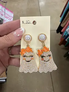 White Ghost w/ Orange Bow Pearl Beaded Earrings