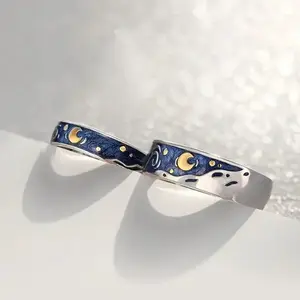 1/2pcs Romantic Van Gogh Starry Sky Rings Lover Couple Personality Openning Finger Ring Men Women Night Star Moon Jewelry Gifts