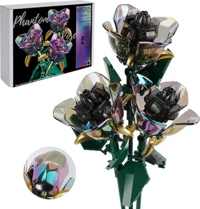 Rose Flower Bouquet Building Set,Botanical Collection Rainbow Artificial Plant Compatible with Lego Gift for Adult Home Decor(Black 120pcs)