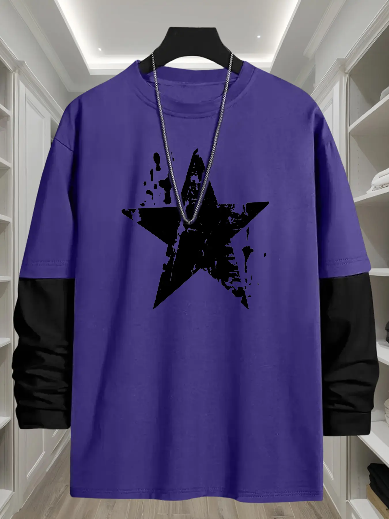 Gothic Star Halloween Element Geometric Loose Long Sleeve Round Neck T-Shirt, Casual Graphic Tee, Fashion Streetwear Casual Style, Comfortable Trendy Top Gift