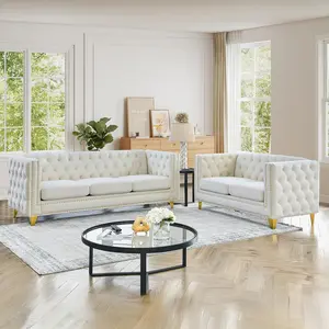 Chesterfield Sofa Set of 2, Modern Velvet Couch with Button Tufted & Nailhead Trim, Upholstered Deep Seat Couch, Comfy Sofa for Living Room, Bedroom, Apartment, Office(58" W + 80.5" W, Beige)