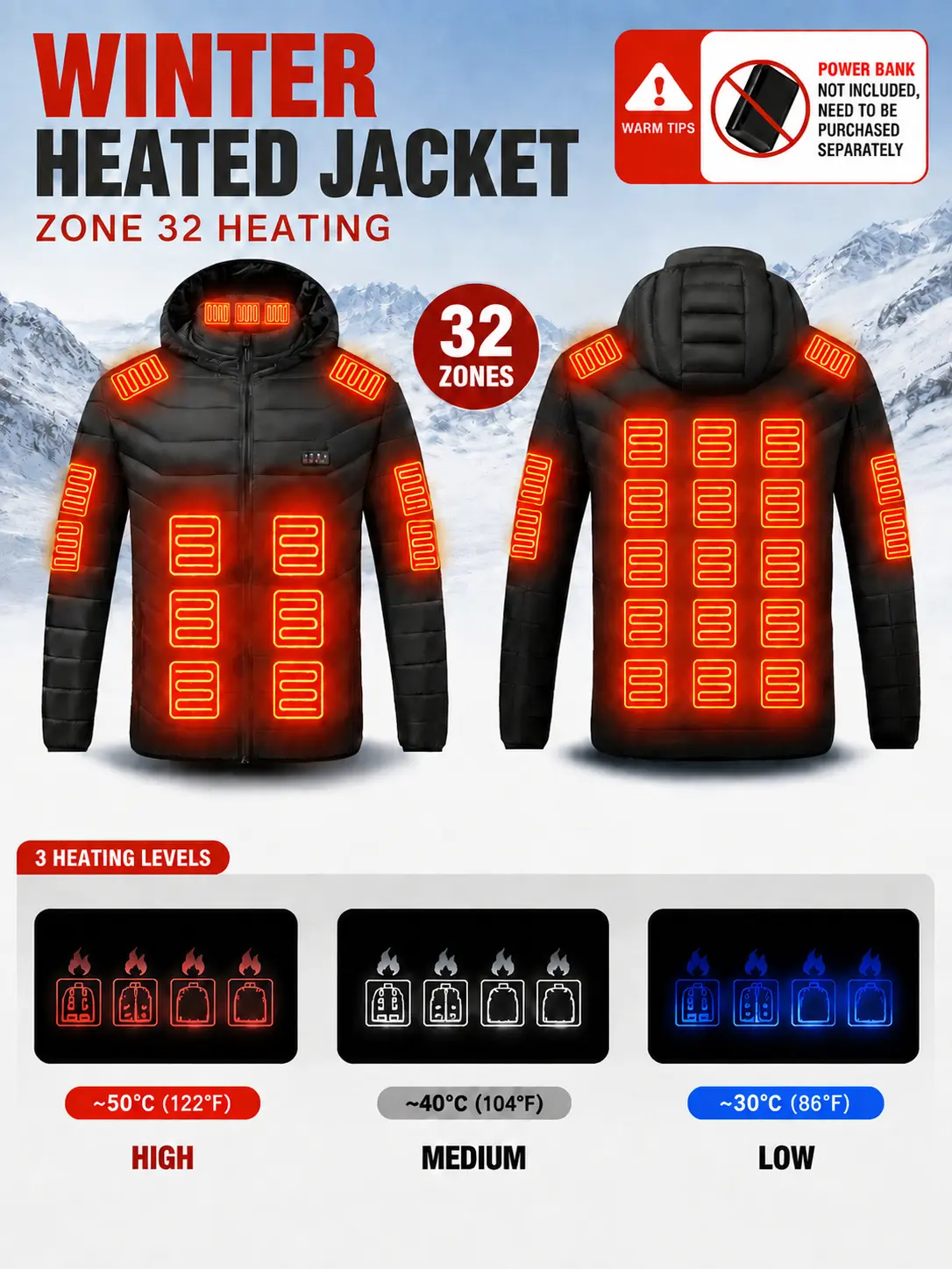 Men's heated jacket, couple style, 32-zone heating with 4-control switches and 3-level adjustment, windproof and warm for winter, lightweight outdoor ski and cycling jacket, camping and motorcycle outdoor heated top [power bank not included]