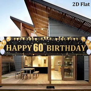 2D Flat Birthday Party Banner, 60th Birthday Background Decoration, 40x150cm, Garden Yard Birthday Flag, Gold 60th Party Decorations