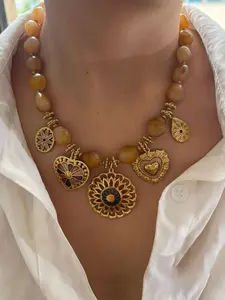 New Fashion Stainless Steel Heart Round Pendant Necklace, Handmade Resin Bead Chain Jewelry Gift for Women, Handmade Beaded Necklace