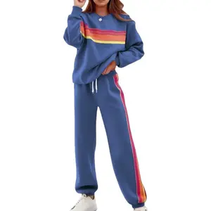 Women’s retro rainbow stripe tracksuit set featuring a long-sleeve sweatshirt with horizontal stripes and sweatpants with colorful side stripes—cozy, soft, comfortable athleisure for daily wear, street style, and lounge outfits.