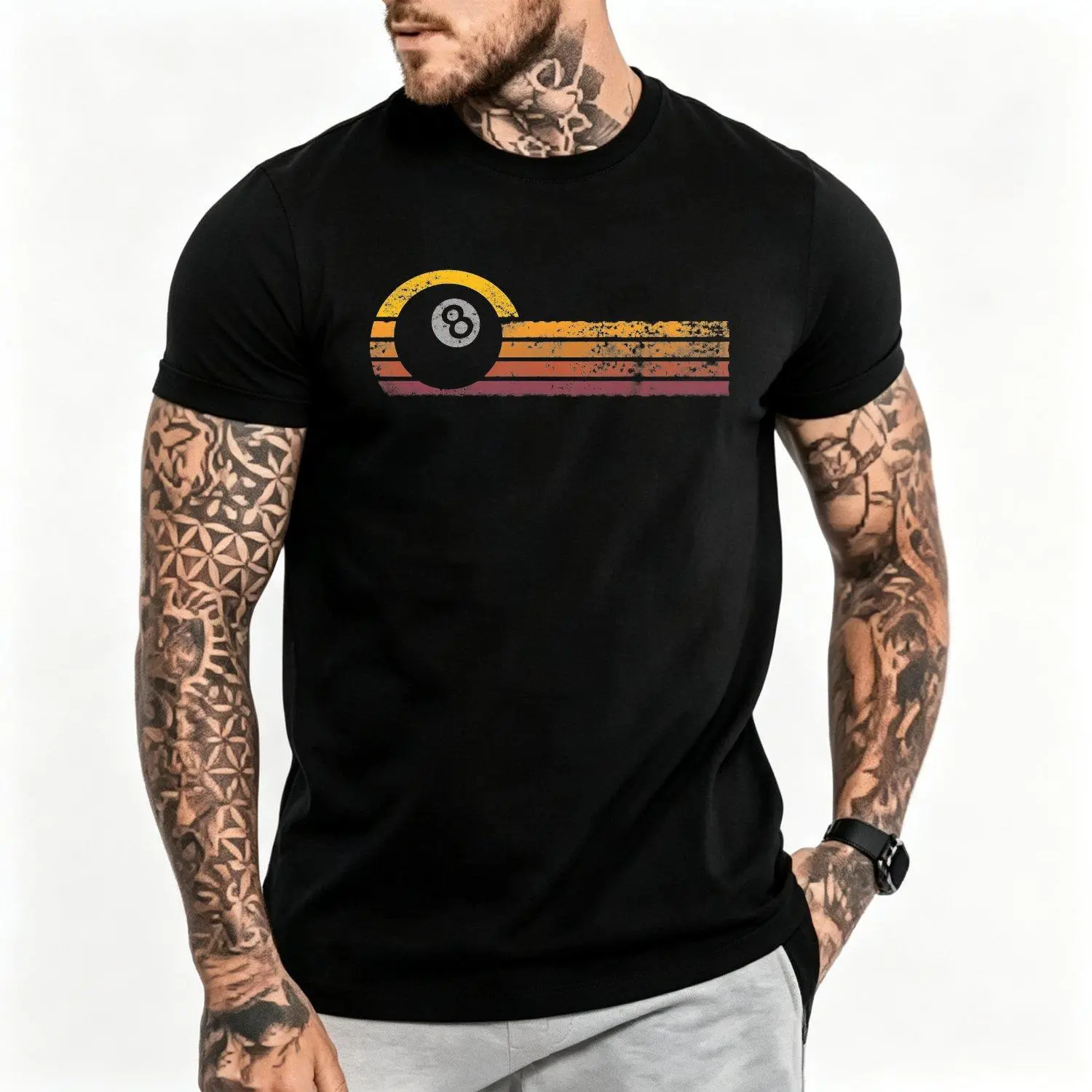 Men's Vintage 8 Ball Pool Player T-Shirt - Retro Look, Billiard Graphic, Short Sleeve Tops, Crew Neck Casual Wear, Gift for Billiards Fans