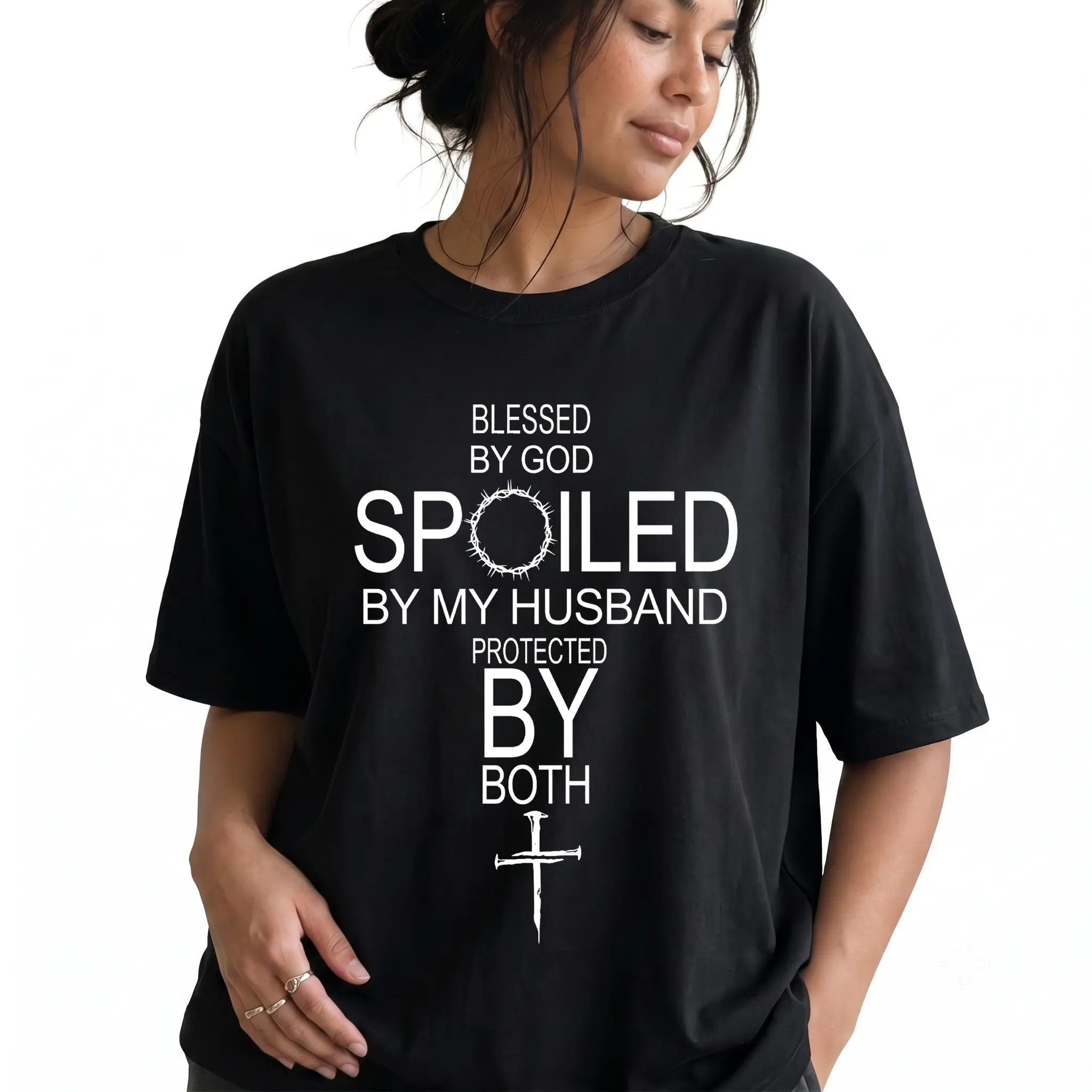 100% Cotton By God Spoiled By My Husband Protected By Boths T-Shirt