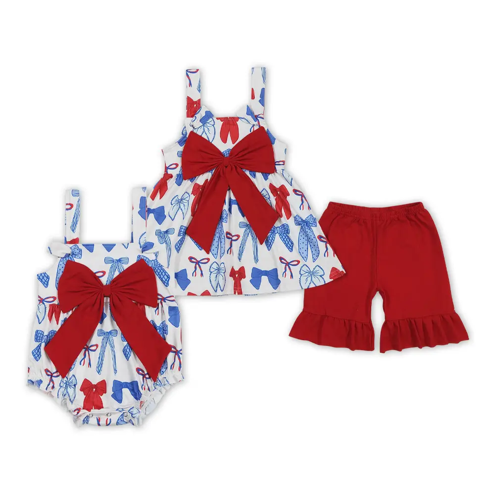 Baby Girls' 2-Piece Patriotic Set, 4th of July Bow Print Sleeveless Top and Stretchy Knot Shorts for Family Photoshoots, Kids Set, 4Th Of July Gift, 2T, Patriotic Colors, Photo‑Ready Set